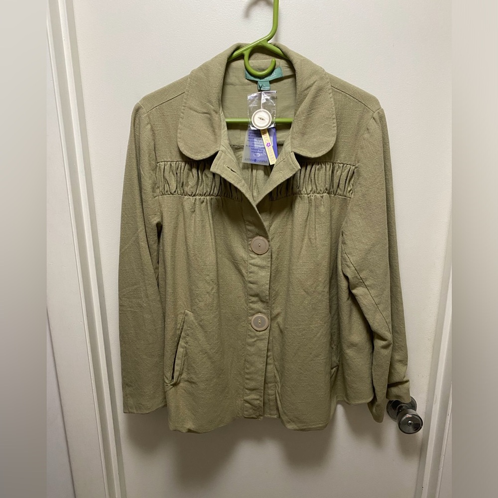 April Cornell Olive Green Gathered Yoke Button Jacket